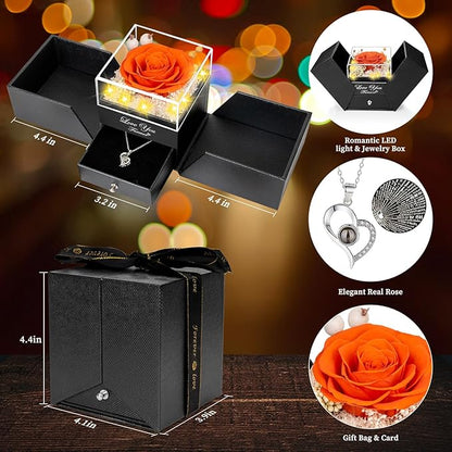 Preserved Orange Real Rose-Eternal Flowers Rose Gifts for Mom Grandma Wife Girlfriend on Mothers Day Birthday Valentines Christmas Anniversary Romantic Gifts for Her with I Love You Necklace