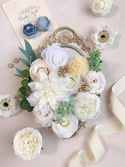 White Rose Artificial Flowers Fake Flower Bulk with Stems for DIY Wedding Bouquet Bridal Baby Shower Centerpiece Table Decorations Silk Faux Floral Arrangements for Party Home Decor Indoor