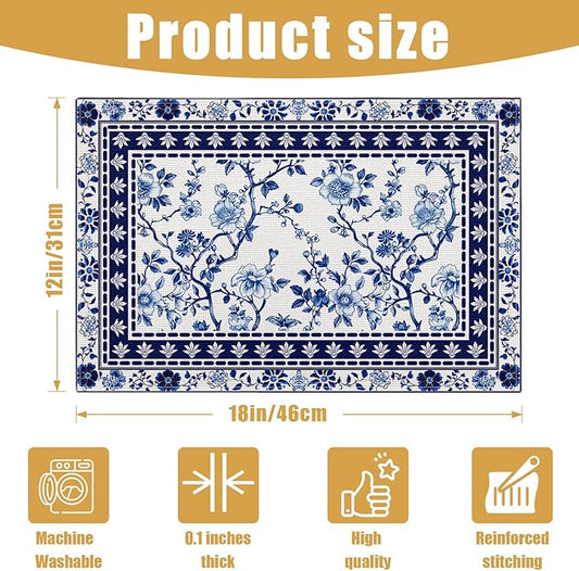 Blue White Floral Placemats Set of 6, Chinoiserie Flower Linen Place Mat Washable Stain Resistant Table Mats for Farmhouse Kitchen Dining 12x18 Inch