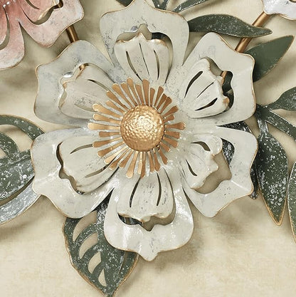 Floral Sway Wall Art Sculpture | Flower Blossoms | Bloom Metal Wall Art Decor | Hanging Wall Decor | Leaf | Pastel Pink Ivory Gold | Horizontal Vertical Nature | Handpainted | Dimensional Home Accent