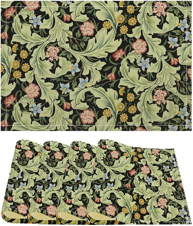 William Morris Placemats Rural Farmhouse Vintage Floral Art Printed Dining Table Mats Set of 4 for Home Kitchen Holiday Picnic Party Decor 12x18in