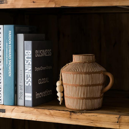 Rustic Farmhouse Vase with Handle and Boho Wooden Beads - Terracotta Vase with Vertical Stripes for Vintage Home Decor
