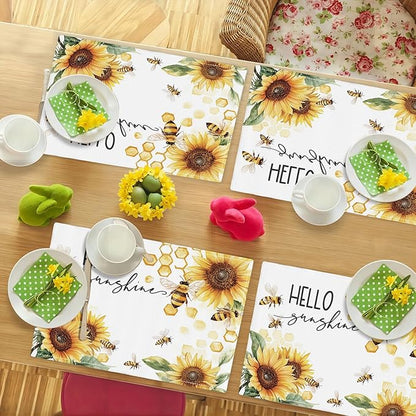 Farmhouse Sunflower Placemats Set of 6, Hello Sunshine Place Mats, Rustic Bee Dining Table Mats, Washable Placemats for Kitchen Dining Room Home Decor 18L'' × 12W''