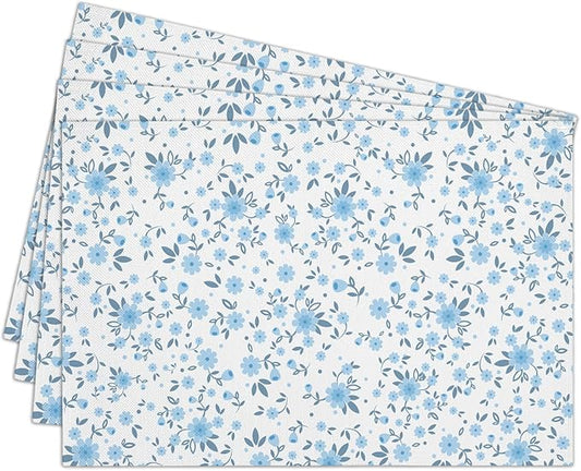Cotton Linen Waterproof Placemats Set of 4, Blue Floral Dining Mat Table Mats Decor Fabric for Kitchen Dinner Coffee Shop Table, Outdoor/Indoor Washable Wipeable Placemat -N030