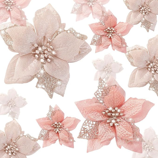 Boao 24 Pieces Christmas Artificial Glitter Poinsettia Flowers Xmas Flowers Wedding Christmas Tree New Year Ornaments(Champagne and Rose Gold)