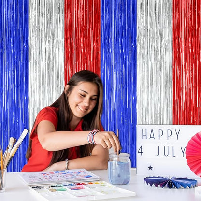 2 Pack 4th of July Party Supplies, 3.28 FT x 7.05 FT 4th of July Tinsel Backdrop, Blue Silver Red Color Fringe Curtains Streamer Backdrop, 4th of July Photo Backdrop Party Decorations