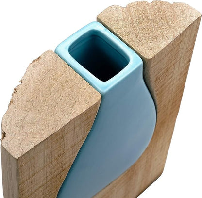 Excello Global Products Matte Teal Glass and Wood Vase - Rustic Flower Vase Decorative Centerpieces for Dining Room Table Coffee Tables Vintage Farmhouse Decor (Short - 8" x 6")