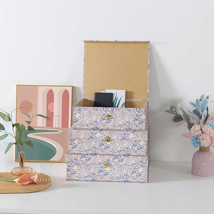 Soul & Lane Blue and White Floral Cardboard Decorative Storage Boxes with Gold Hardware - Set of 3, Aviary Garden - Stacking Boxes with Lids for Home Decor and Organizing, Elegant Design