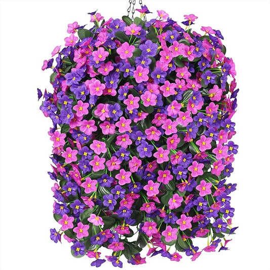 Artificial Faux Fall Hanging Flowers Plants Baskets for Outdoor Outside, Fake Silk Dark Purple Fuchsia Daisy Mums Trailing Vines in Planter Realistic UV Resistant for Balcony Porch Decor