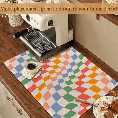 Groovy Retro Wavy Checkered Orange Placemats Set of 6 Place Mats for Kitchen Table Washable Farmhouse Linen Table Mats Dining Decoration 12x18 Inch