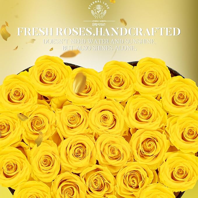 Preserved Rose in Heart Shape Box, 27 Forever Flowers, Eternal Roses, Birthday Gifts for Women, Her, Wife Mother's Day, Yellow