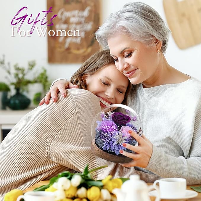 FIACO Gifts for Mom Women Birthday Preserved Flowers in Glass Dome Forever Fresh Flowers for Delivery Prime Long-Lasting Eternal Roses Gifts for Grandma Sister Daughter Wife Her Girlfriend Purple