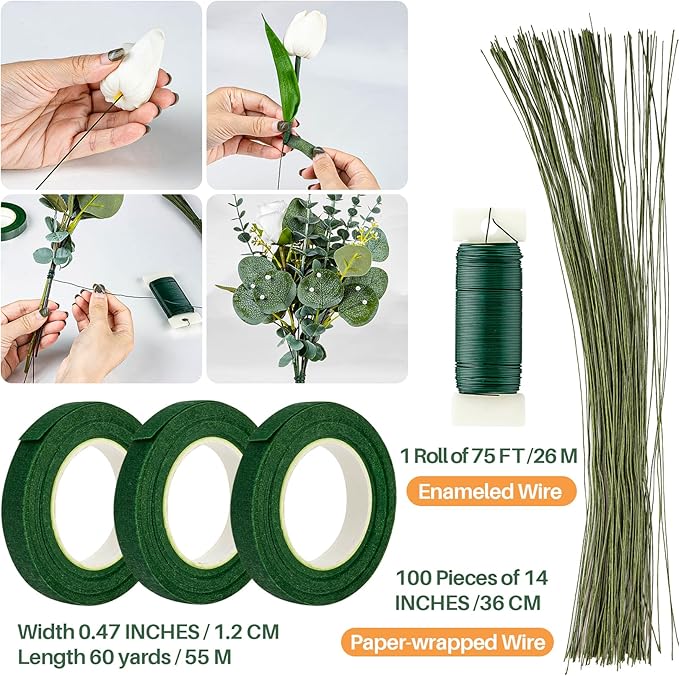 RAINFLOW Flower Arrangement Supplies for DIY Floral Tape and Floral Wire Kit with Boutonniere Pins Cutter Include 22 Gauge Wire and 26 Gauge Wire for Flower Bouquet and Wreath Making