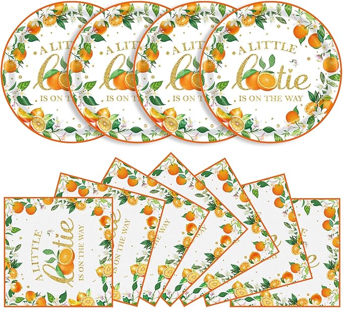 40 Pcs Little Cutie Baby Shower Plates and Napkins Party Supplies, Orange Cutie Birthday Party Decorations Disposable Paper Plates and Napkins A Little Cutie is on The Way Tableware Set Serves 20