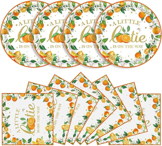 40 Pcs Little Cutie Baby Shower Plates and Napkins Party Supplies, Orange Cutie Birthday Party Decorations Disposable Paper Plates and Napkins A Little Cutie is on The Way Tableware Set Serves 20