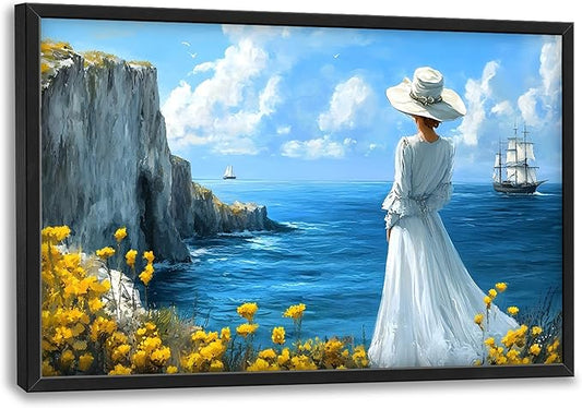Coastal Boat Large Wall Art Framed Wall Decor for Living Room Ocean Coast Pictures Oversized Canvas Print Painting Modern Extra Large Framed Artwork for Bedroom Office Home Decor 36"x24"