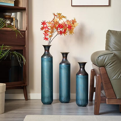 Metal Floor Vases Decorative, Set of 3 Flower Arrangement Stand, Tall Blue Metal Floor Vases for Living Room, Bedroom & Entryway, 28.34", 24.4", 20.4" H (Aqua Blue)