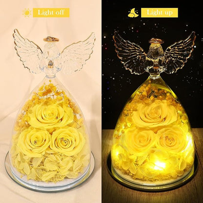 Preserved Flower Rose Gifts for Women, Forever Eternal Fresh Flowers in Glass Angel Figurines Flowers for Delivery Prime for Grandma Mom Sister Her Wife on Mothers Day Birthday Christmas