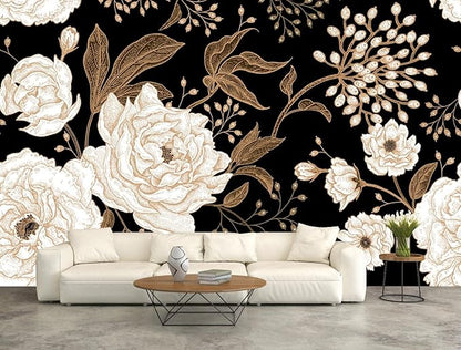 Wall Mural Peonies and Roses Floral Vintage Wallpaper Seamless Gold White Flowers Wall Coverings for Living Room Bedroom Kids Room（Not Peel and Stick）