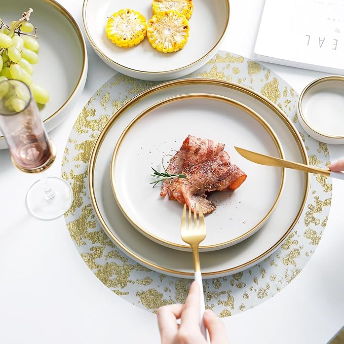 Hysenm 50 Pcs Disposable Gold Placemats Set Metallic 13 Inch Round Foil Mesh Pressed Table Doilies, Ultra-Thin Disposable Placement Mats for Home Decoration Dining Table Wedding Birthday Party