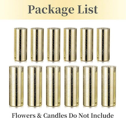 Glass Cylinder Vases Set of 12, Hewory Glittery Gold Vase for Centerpieces, Glass Hurricane Candle Holders for Pillar Floating Candle, Tall Round Vase for Wedding Anniversary Events Home Table Decor