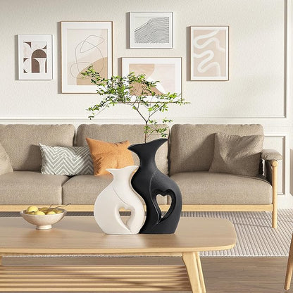 XL Black and White Vase Set of 2,Heart Shaped Ceramic Vases Home Decor,Minimalist Decorative Vases,Modern Home Decor for Wedding Dining Living Room Office Coffee Table Centerpiece