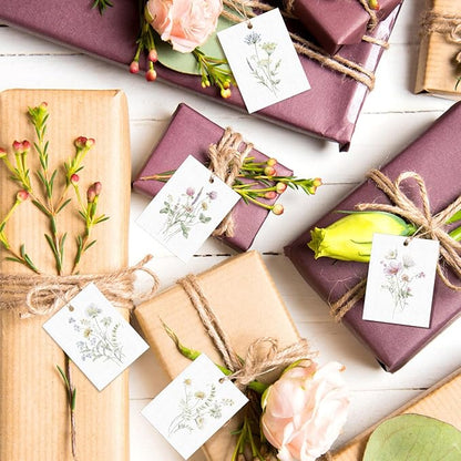 50 Set Floral Blank Gift Tags with String, 2 x 3 in Watercolor Bouquet Paper Gift Tags Set 5 Assorted Flower Designs Label Tag for Wedding Bridal Baby Shower Xmas Party Decor Supplies
