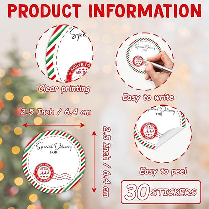 Christmas Gifts Tags Stickers from Santa, 30 Pcs North Pole Christmas Name Tags for Gifts, 2.5x2.5 Inch Holiday Presents Sticker Labels, Festive Chrismas Name Tag for Gift Wrapping Bags-D09