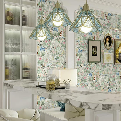 Heroad Floral Peel and Stick Wallpaper Light Green Wallpaper Boho French Country Contact Paper Cat Birds Removable Self-Adhesive Wall Paper for Bedroom Kitchen Cabinets Decoration Vinyl 17.3”x78.7”