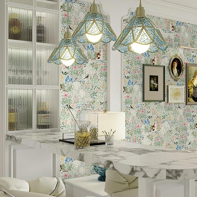 Heroad Floral Peel and Stick Wallpaper Light Green Wallpaper Boho French Country Contact Paper Cat Birds Removable Self-Adhesive Wall Paper for Bedroom Kitchen Cabinets Decoration Vinyl 17.3”x393”