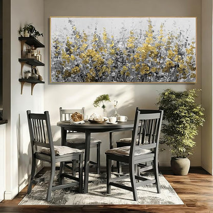 WINKAILIN Black Gold Wall Art Abstract Oil Flower Canvas Grey Painting Modern 32x70 Plant Artwork with Frame for Living Room Office Decoration