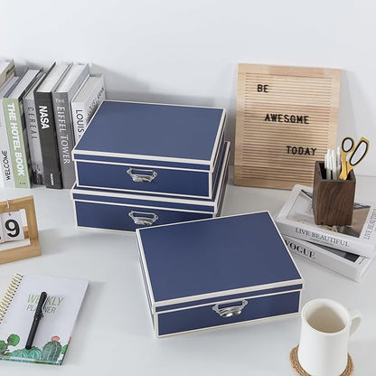 Soul & Lane Decorative Cardboard Storage Boxes with Lids and Label Holders - Set of 3, Memory Boxes for Keepsakes, Office Photo Storage for Pictures, Photo Albums, Documents, Stationery, Heritage Blue