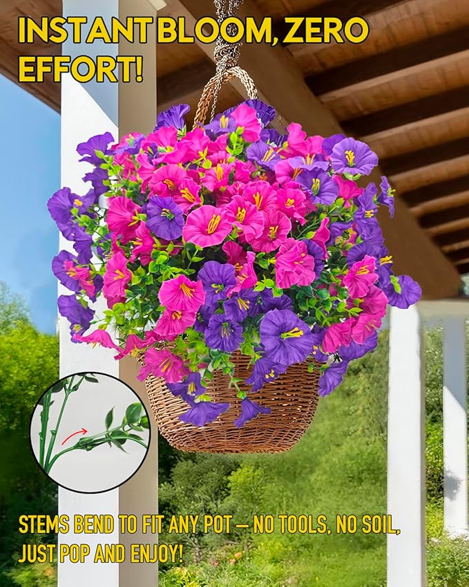 UV Resistant Fake Flowers for Outdoor Planters Hanging Basket Window Box - 12 Bundles Realistic Silk Artificial Flowers Outside with Eucalyptus, Faux Plants for Porch Garden Patio Home Décorations
