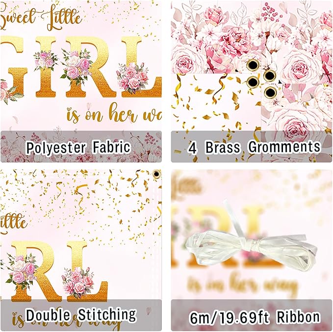 A Sweet Little Girl is on Her Way Backdrop 10x6.5FT – Pink Floral Baby Shower Banner with 19.68FT Ribbon, Double-Stitched Edges & 4 Brass Grommets, Reusable Girl Party Decorations & Photo Booth Props