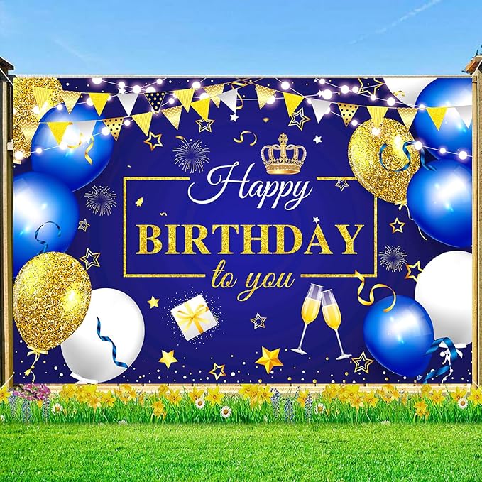 YinQin 180x120 cm Royal Navy Gold Happy Birthday Party Photography Backgrounds Backdrops Cloth 71x47 inch Glitter Navy Blue Golden Happy Birthday Sign Banners Decorations Supplies for Women Men