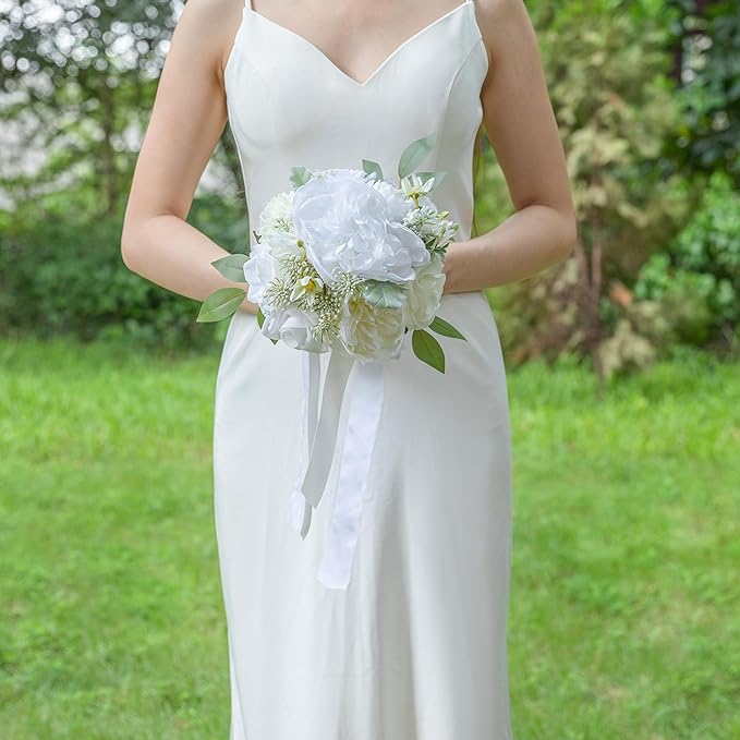 ponatia White Wedding Bouquets for Bride Bridesmaid, Wedding Artificial Roses Flowers for Wedding Bouquets Ceremony, Anniversary (White & Ivory)