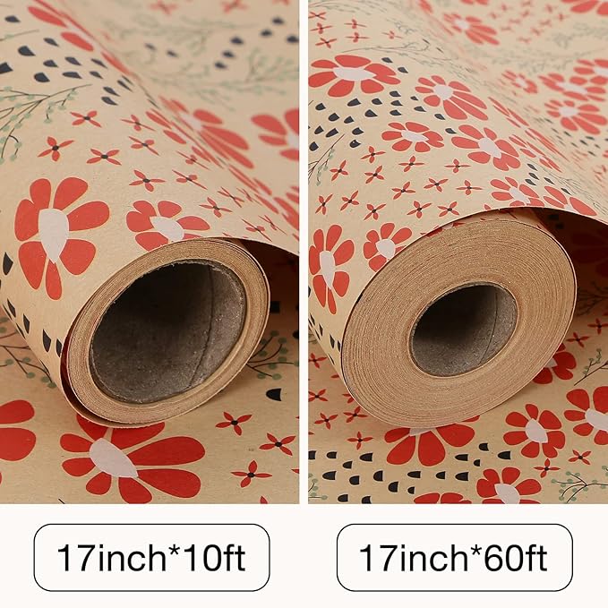 Aimyoo Kraft Floral Wrapping Paper Roll, All Occasion Vintage Red Flower Gift Wrap for Wedding Birthday Bridal Shower, 17 inch x 10 ft