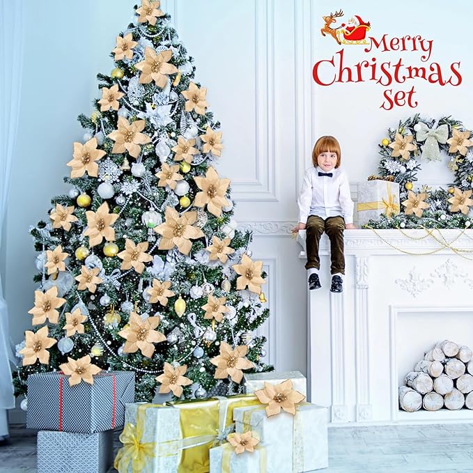 WILLBOND 24 Pcs 3 Size Poinsettia Flower Artificial Christmas Decor Glitter Poinsettia Christmas Ornaments Faux Flowers for Xmas Tree Outdoor(3.2/4/6 Inches,Champagne)