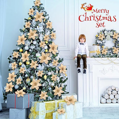 WILLBOND 24 Pcs 3 Size Poinsettia Flower Artificial Christmas Decor Glitter Poinsettia Christmas Ornaments Faux Flowers for Xmas Tree Outdoor(3.2/4/6 Inches,Champagne)