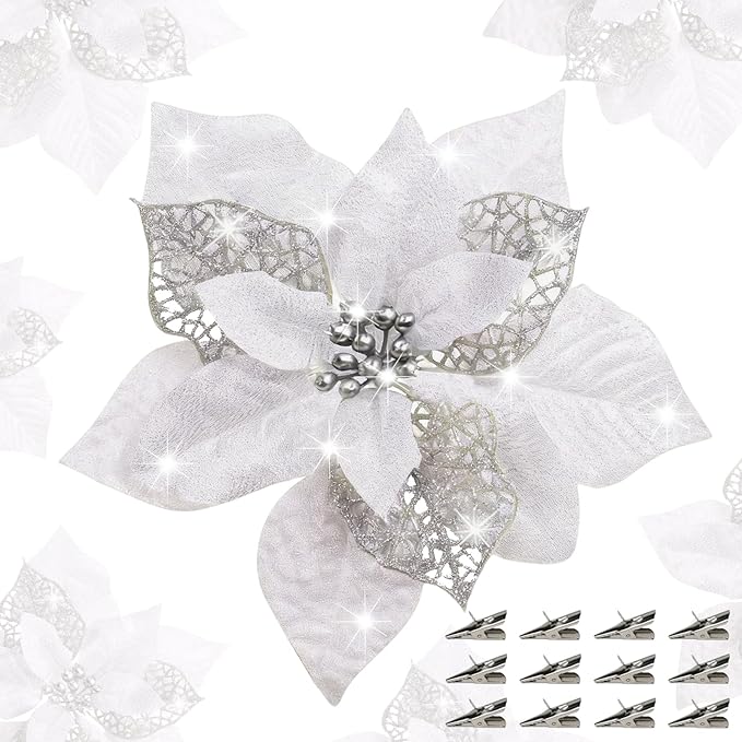 24 Pcs Christmas Poinsettia Flowers Artificial with Clips, 5.9" Christmas Decor Glitter Poinsettia Flowers for Christmas Tree New Year Wedding Party Wreath DIY Garland Decor (Sliver)