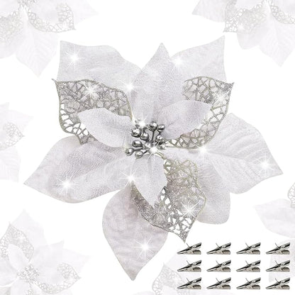 24 Pcs Christmas Poinsettia Flowers Artificial with Clips, 5.9" Christmas Decor Glitter Poinsettia Flowers for Christmas Tree New Year Wedding Party Wreath DIY Garland Decor (Sliver)
