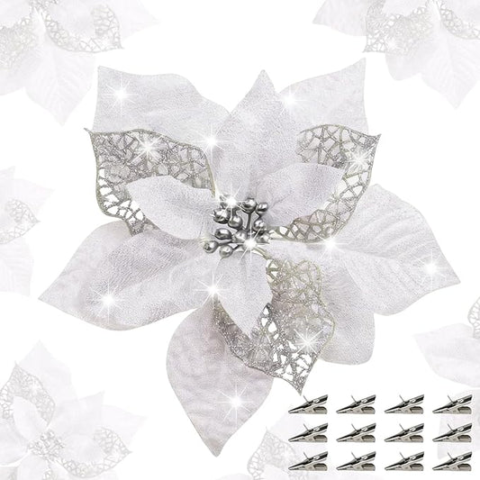 24 Pcs Christmas Poinsettia Flowers Artificial with Clips, 5.9" Christmas Decor Glitter Poinsettia Flowers for Christmas Tree New Year Wedding Party Wreath DIY Garland Decor (Sliver)