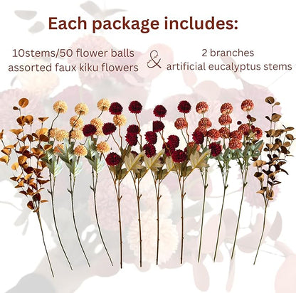 RyddeligHome Fall Flowers, Burnt Orange Faux Kiku Flowers Artificial 10 Stems + Eucalyptus, Fake Red Orange Mums Floral Centerpiece, Terracotta Mini Balls Faux Stems for Vase, Decoración de Otoño