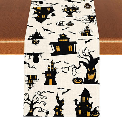 Halloween Table Runner, Retro Gothic Spoonky House Day of Death Mysterious Halloween Coffee Table Center Decor for Home Kitchen Dining Patio Holiday Party Table Decorations 13x108 inches