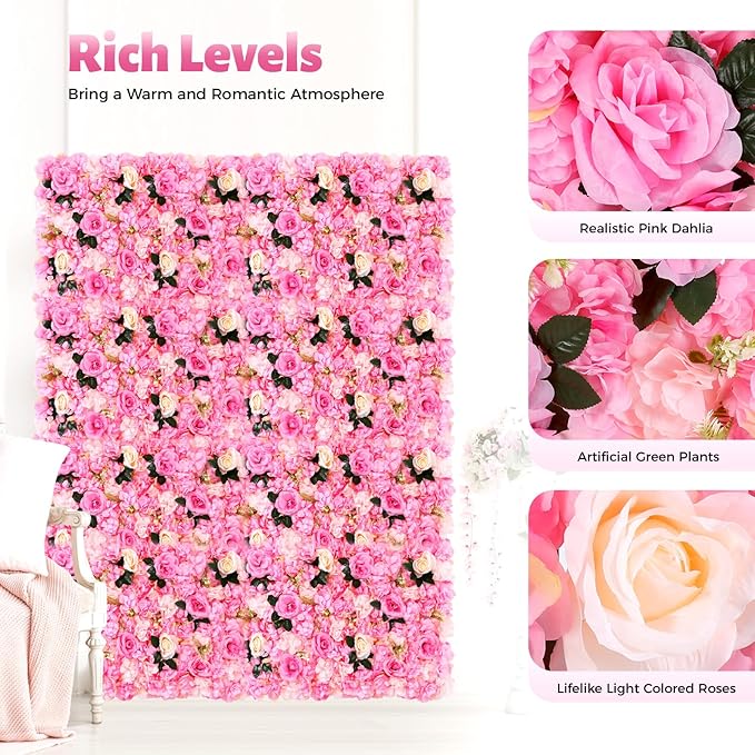 LOYALHEARTDY 12 Pack Artificial Flower Wall Panels 24" x 16" Flower Wall Panel Wall Backdrop Faux Hydrangea Rose Flower Backdrop Panels for Flower Wall Decor Wedding Party Event Decoration