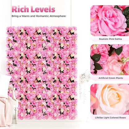 12pcs Flower Wall Panels 15.7“ x 23.6" Floral Wall Artificial Flower Backdrop for Wedding Party Photo Backgrounds Dark Pink