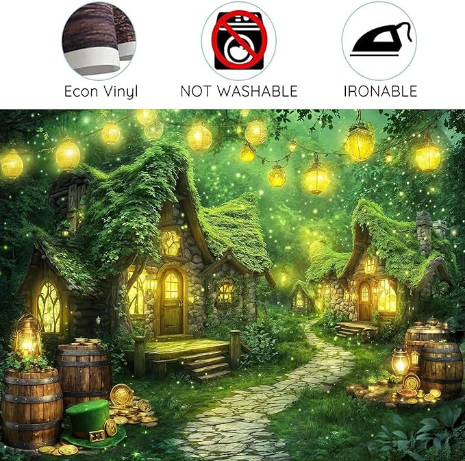 20X10ft St. Patrick's Day Backdrop Magic Enchanted Forest Green House Lucky Irish Shamrock Gold Coins Wonderland Photography Background for Kids Girls Party Decoration Cake Table Photo Booth Props