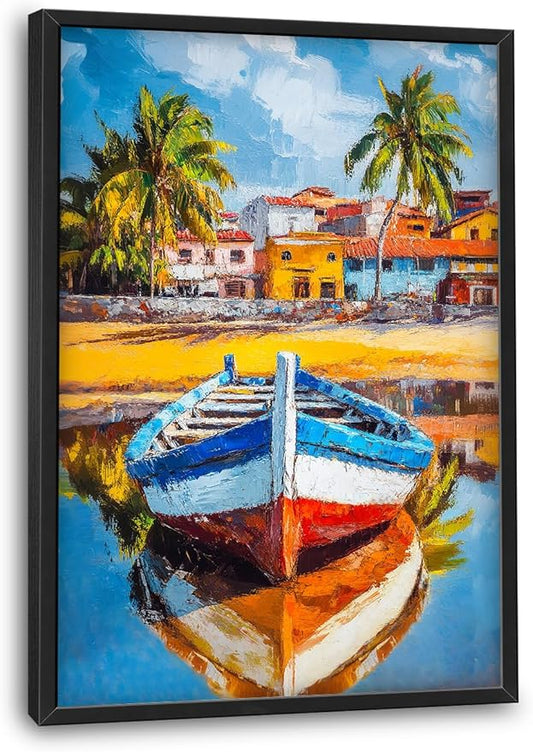 Colorful Boat Wall Art Large Tropical Coastal beach Pictures Wall Decor nautical seaside Canvas Prints Graffiti summer vacation painting Framed Artwork for bathroom Bedroom Living Room 24"x36"