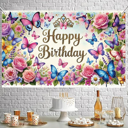 Happy Birthday Backdrop Butterfly Floral Banner Crown Decorations Photography Background for Women Girls Princess Supplies Cake Table Photo Shoot Props 71 x 43 Inch