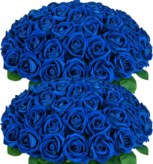 BLEUM CADE 50 Pcs Blue Roses Artificial Flowers, Real Touch Velvet Roses Fake Flowers Bulk, Artificial Roses Bouquet with Long Stems Bridal DIY Wedding Party Centerpiece Decorations